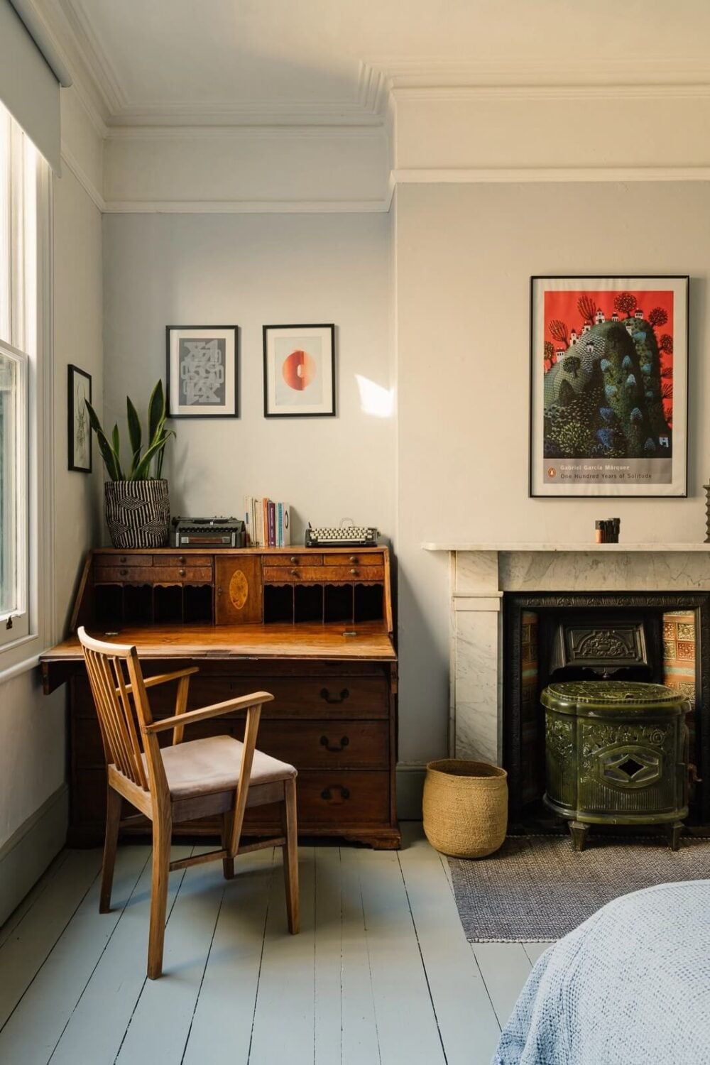 A Victorian House in London with Yellow Color Accents 15 bedroom-desk-white-floorboards-fireplace-nordroom
