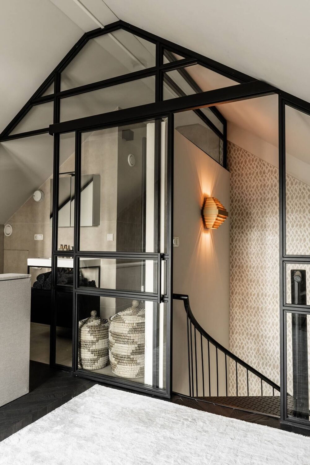 A Stylish Monochrome Penthouse in a Former Prison Building 26 bedroom-en-suite-bathroom-glass-wall-nordroom