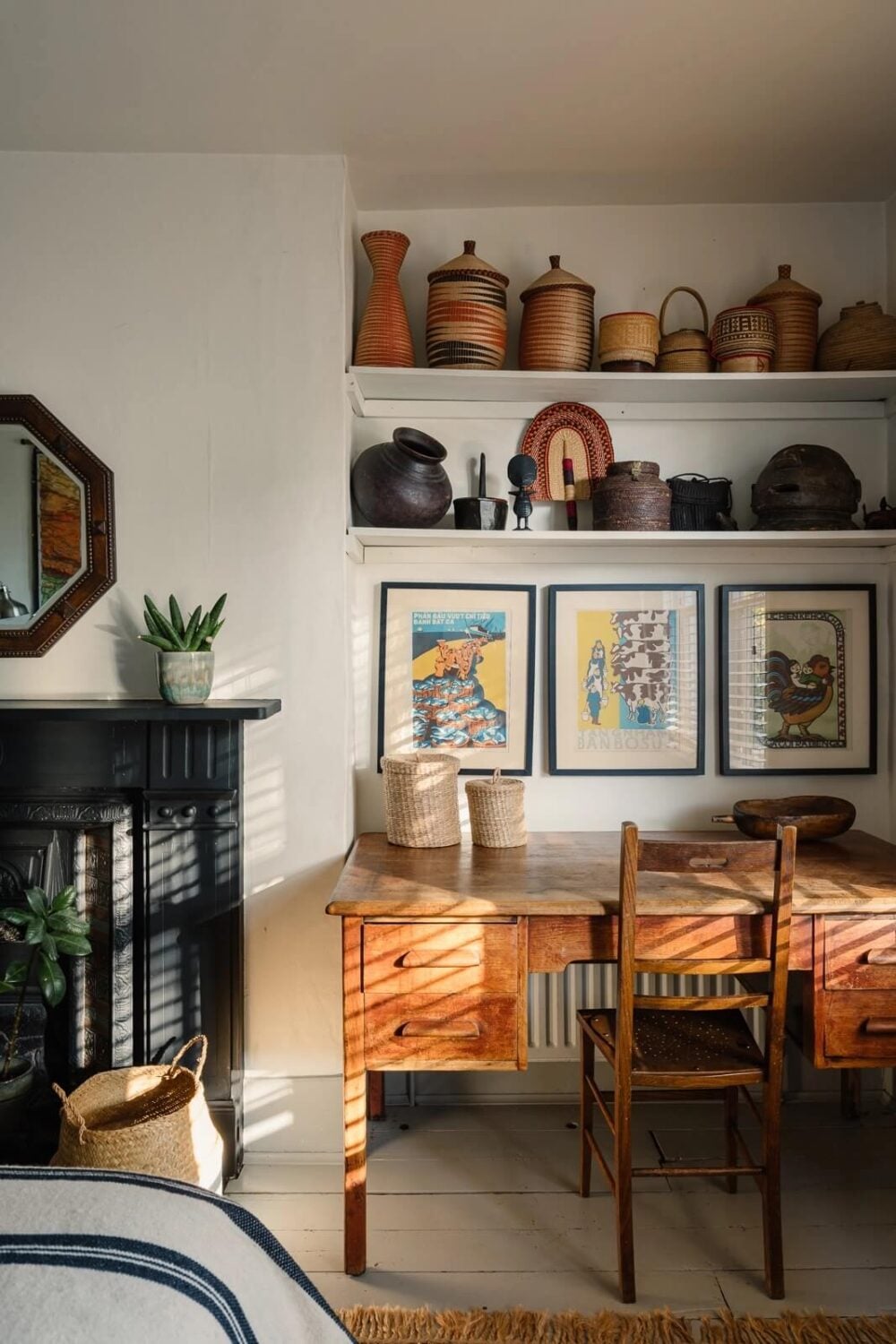 A Victorian House in London with Yellow Color Accents 20 bedroom-home-office-shelfs-black-fireplace-nordroom