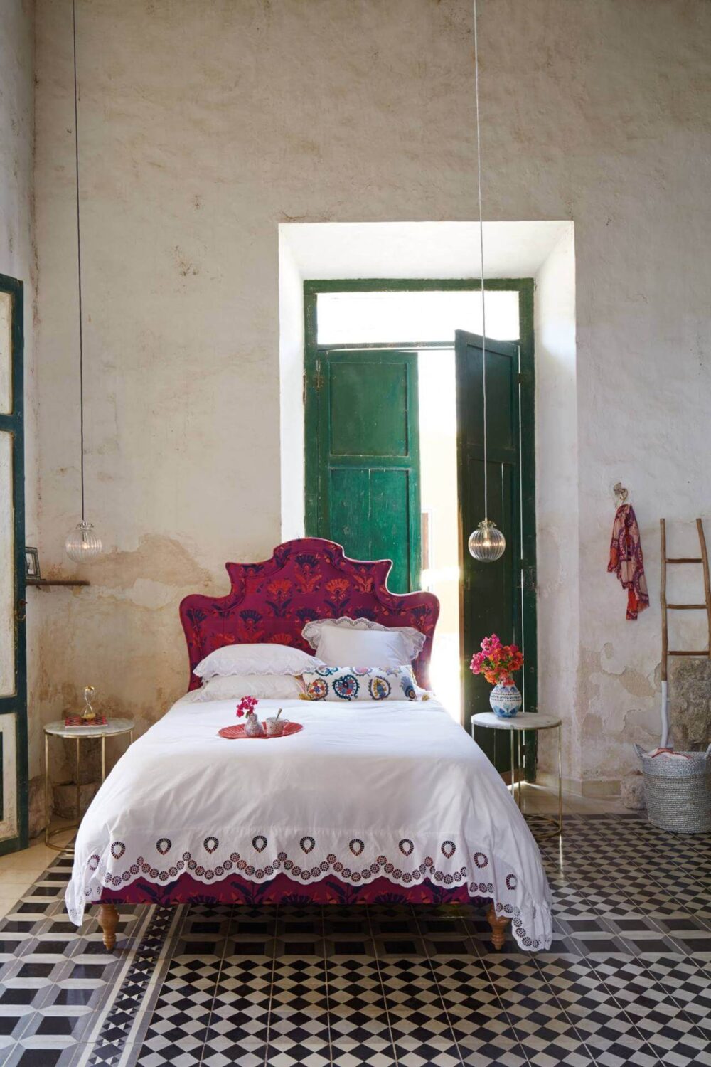 Pantone Color of the Year 2023: Interior Design Inspiration 15 bedroom-hot-pink-headboard-floor-tiles-nordroom
