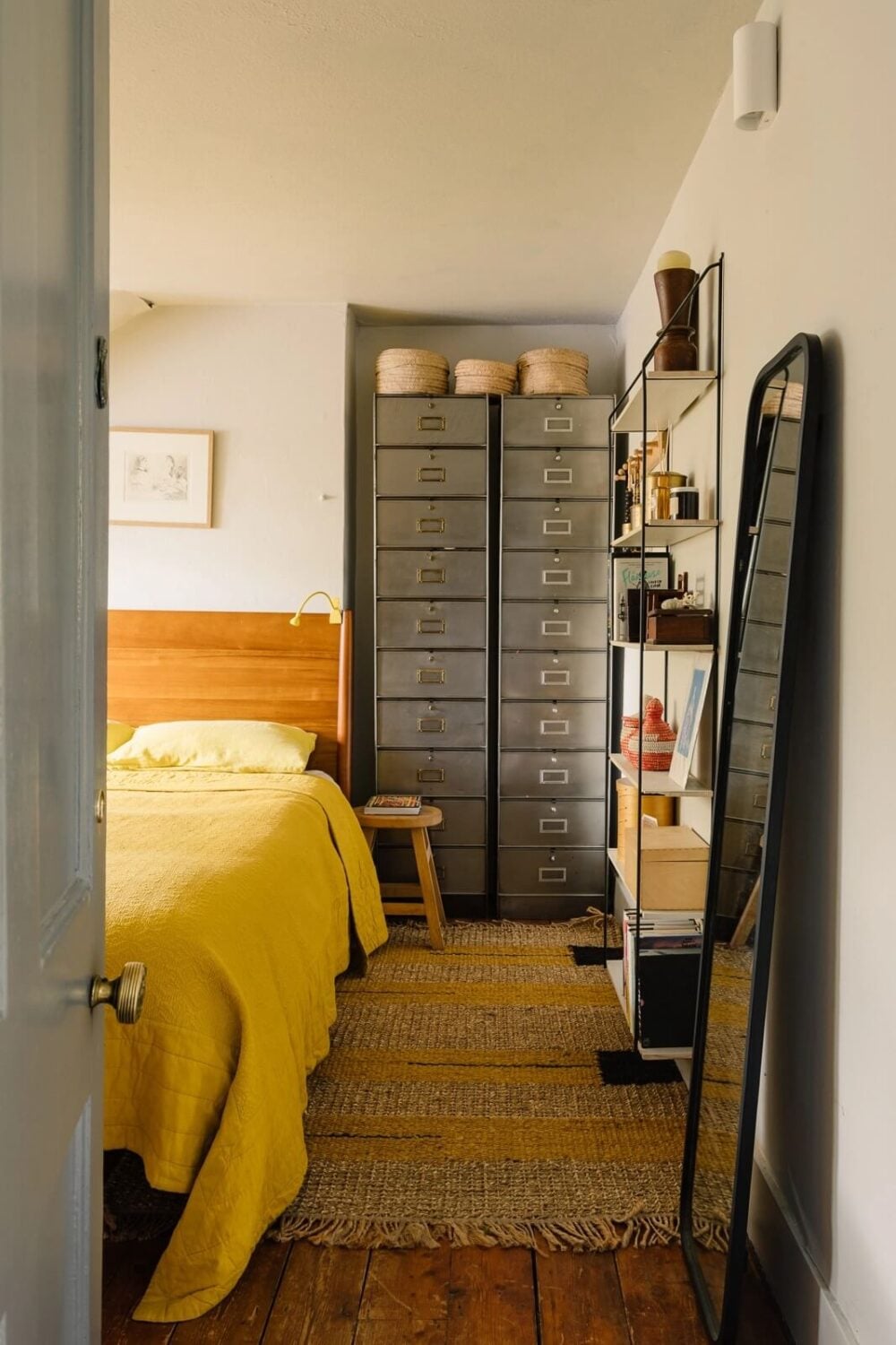 A Victorian House in London with Yellow Color Accents 18 bedroom-rustic-wooden-floor-yellow-throw-nordroom