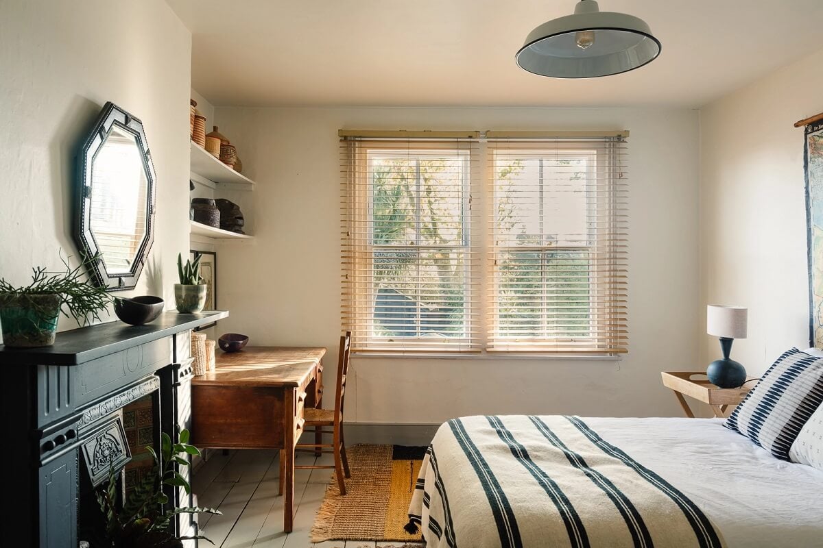 A Victorian House in London with Yellow Color Accents 19 black-fireplace-desk-bedroom-nordroom