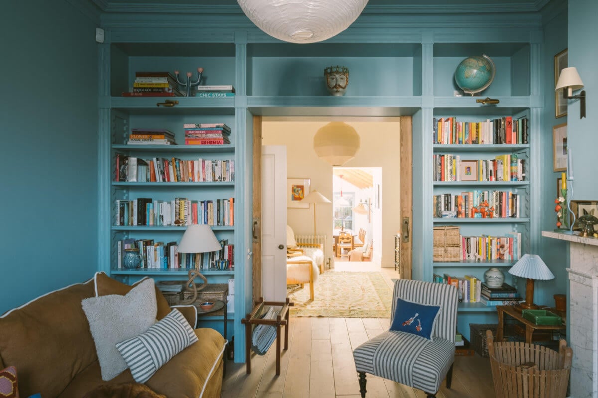 A Victorian House in London with a Blue Sitting Room 4 blue-sitting-room-bookshelves-sliding-doors-nordroom