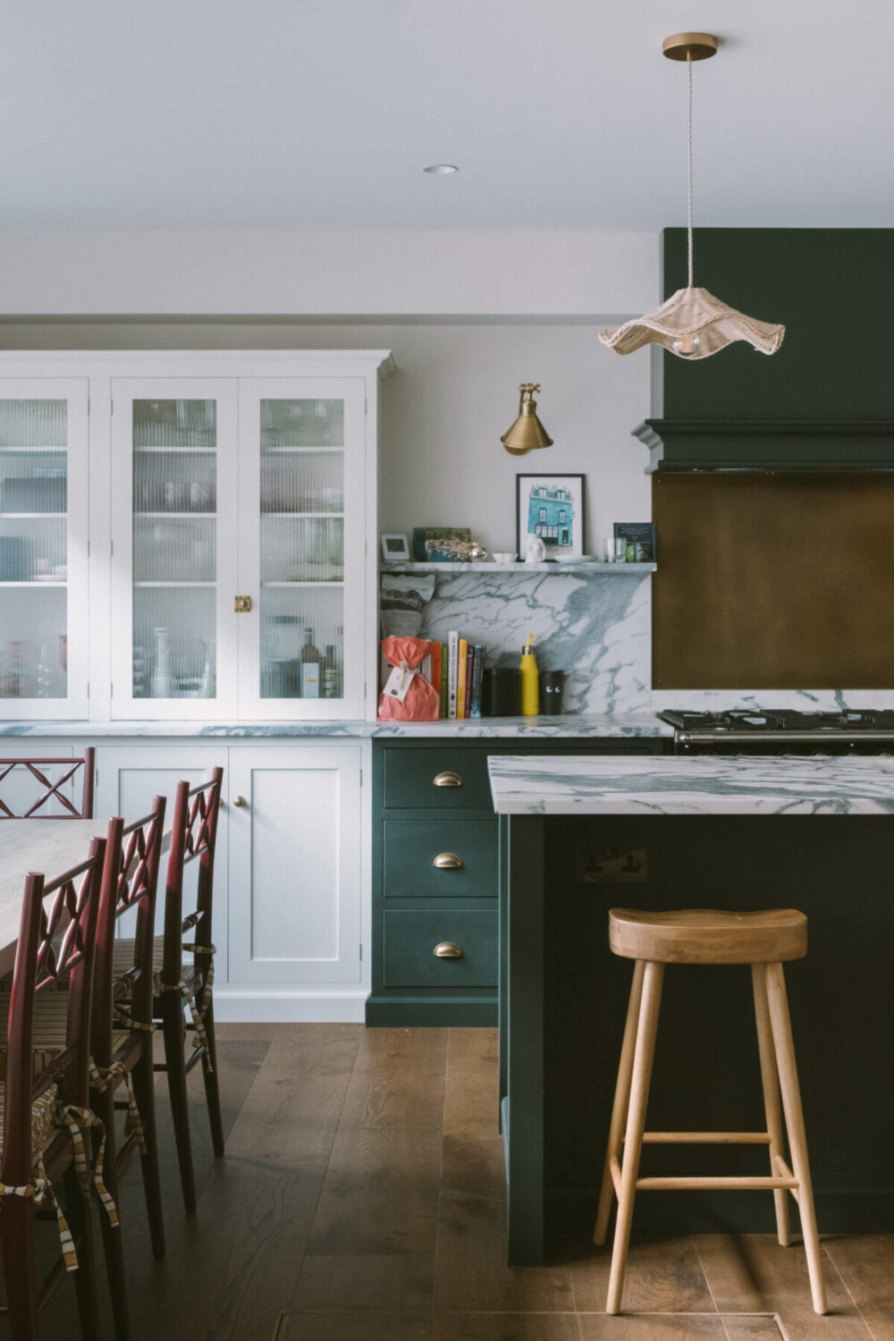 A London Mews House Made Famous in Love Actually 2 dark-green-devol-kitchen-island-breakfast-bar-mews-house-london-nordroom