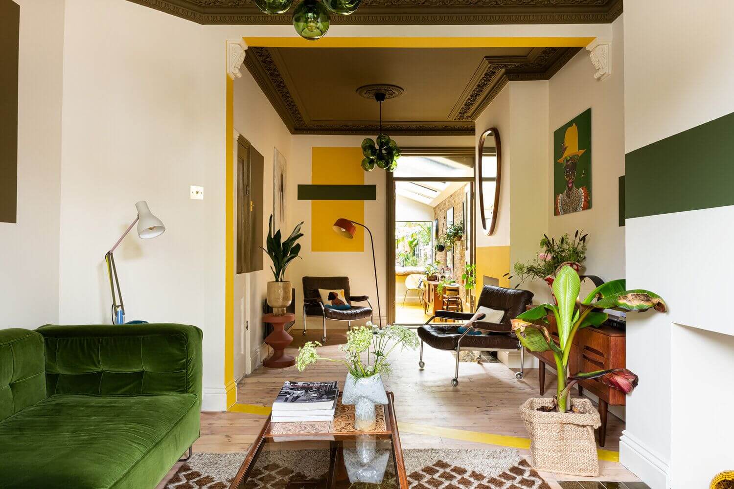 Color Blocked Walls in a Unique Victorian House 3 double-living-room-green-yellow-color-accents-olive-green-ceiling-nordroom