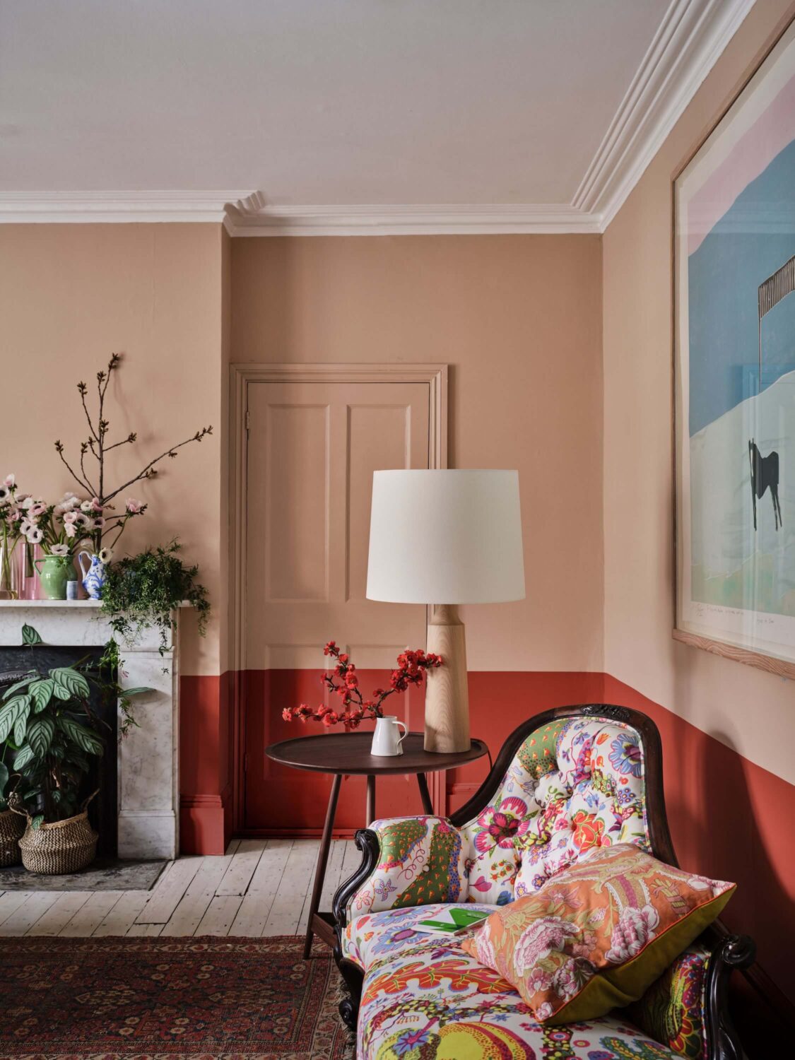 Two-Tone Walls Ideas: Create A Color Blocking Accent Wall 23 farrow-and-ball-new-colors-bamboozle-and-templeton-pink-classic-living-room-fireplace-nordroom
