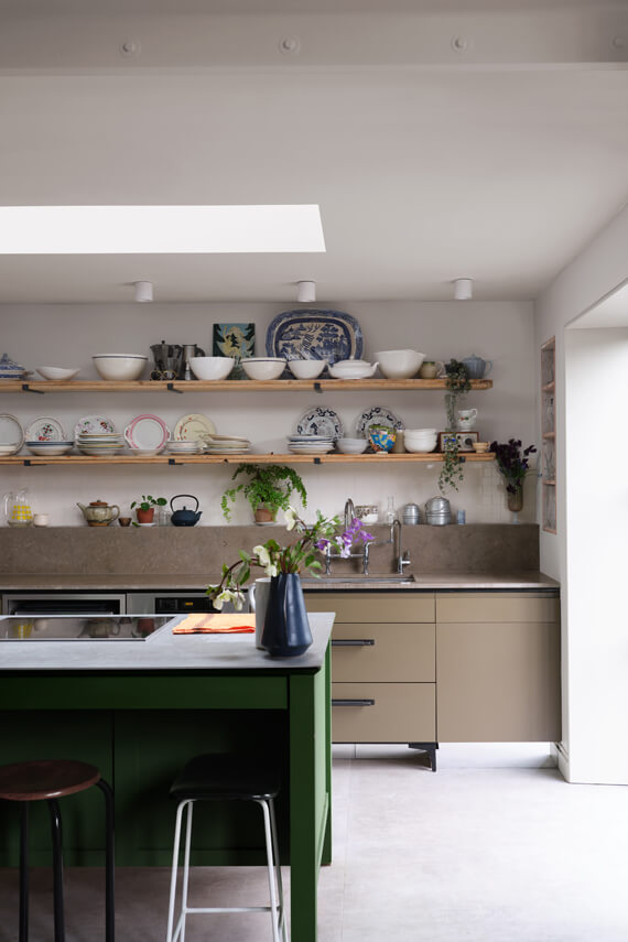 57 Stylish Two-Tone Kitchen Cabinet Ideas 58 farrow-ball-new-colors-stirabout-kitchen-island-shelves-nordroom
