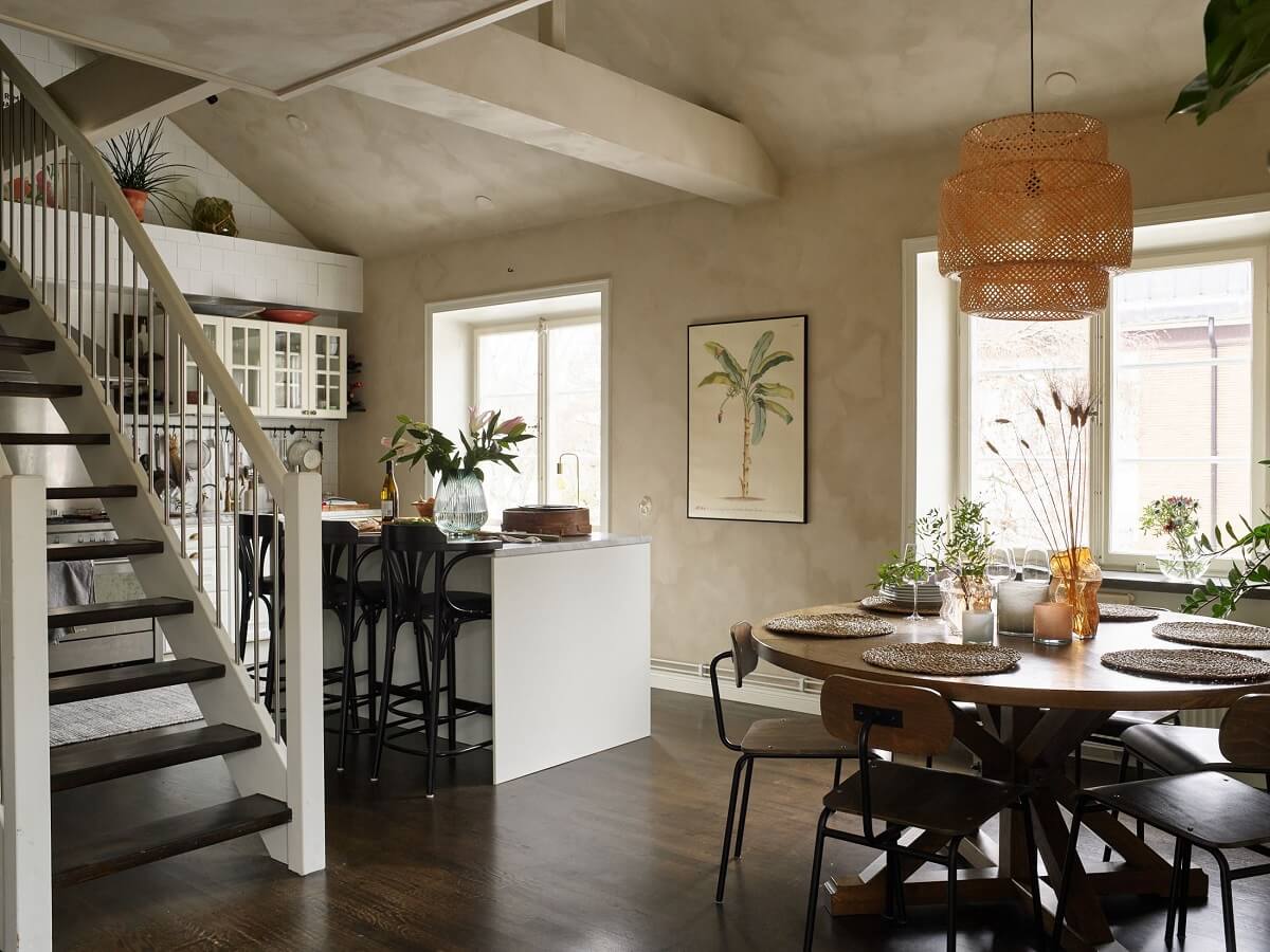 A Swedish Maisonette with a Charming Kitchen 9 high-slanted-ceiling-open-plan-kitchen-dining-room-nordroom