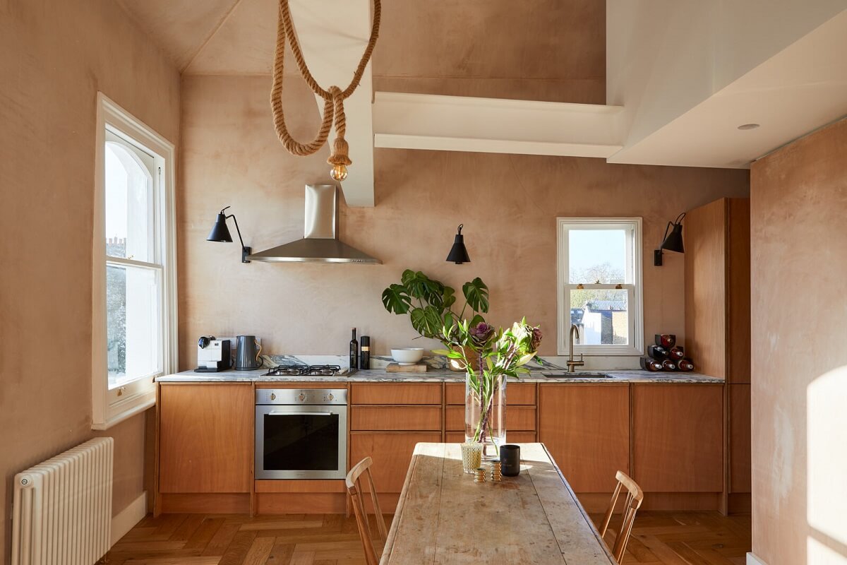 A London Home with Plaster Pink Walls and Brick Chimneys 2 kitchen-birch-ply-cabinets-high-ceiling-plaster-walls-nordroom