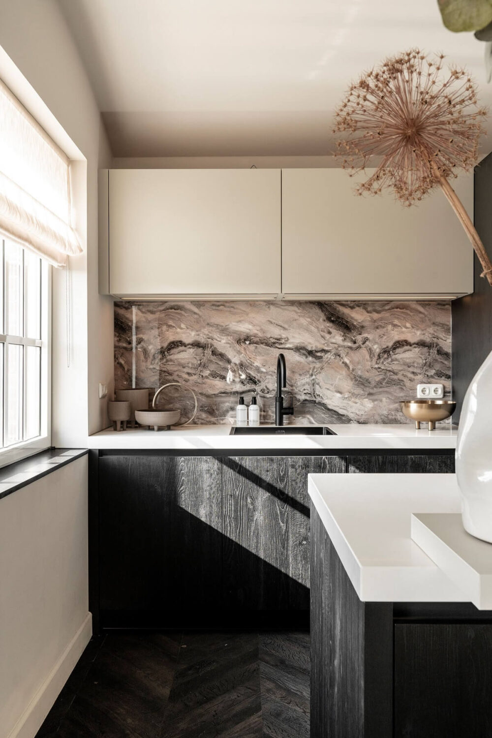 A Stylish Monochrome Penthouse in a Former Prison Building 12 kitchen-chevron-floor-black-cabinets-nordroom