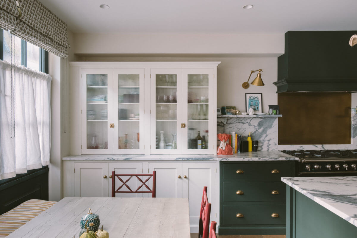 A London Mews House Made Famous in Love Actually 9 kitchen-dark-green-cabinets-devol-nordroom