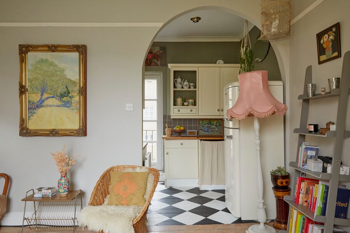 Pastel Colors in a Vintage London Home 4 living-room-arched-doorway-kitchen-checkerboard-floor-nordroom