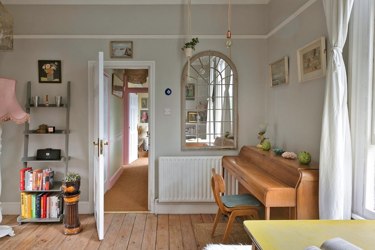Pastel Colors in a Vintage London Home 3 living-room-light-gray-walls-piano-wooden-floor-nordroom