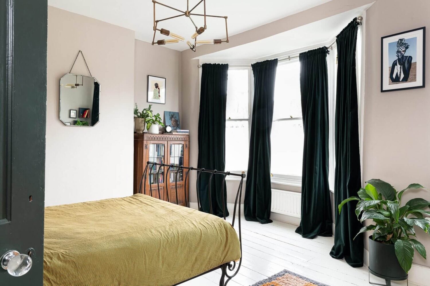 Color Blocked Walls in a Unique Victorian House 17 master-bedroom-deep-velvet-green-curtains-nordroom