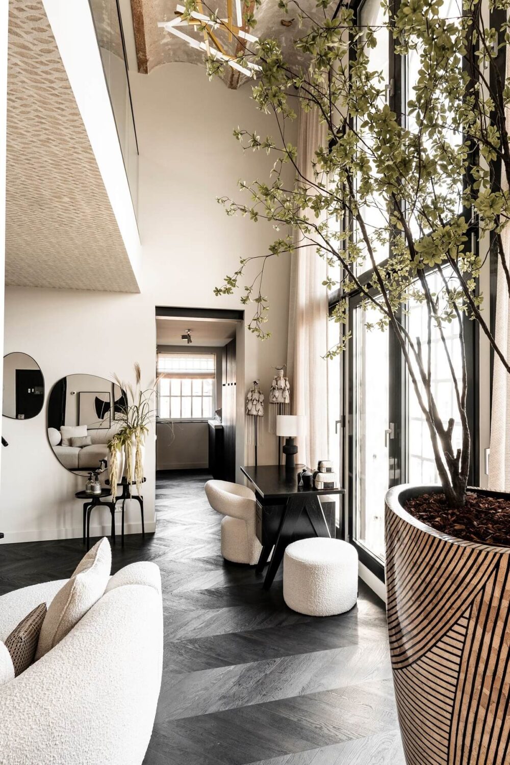 A Stylish Monochrome Penthouse in a Former Prison Building 8 monochrome-living-room-high-ceiling-chevron-floor-nordroom