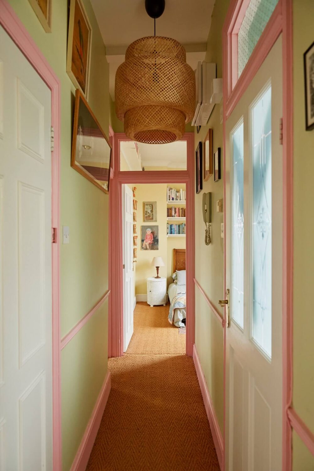 Pastel Colors in a Vintage London Home 6 narrow-hallway-mint-green-walls-pink-trimmings-nordroom