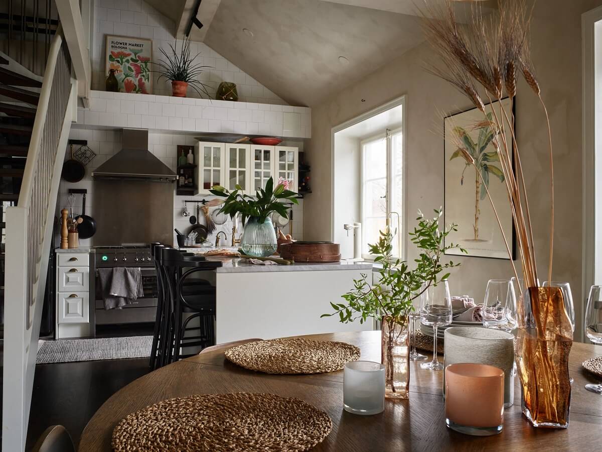 A Swedish Maisonette with a Charming Kitchen 4 open-plan-kitchen-dining-high-ceilings-nordroom