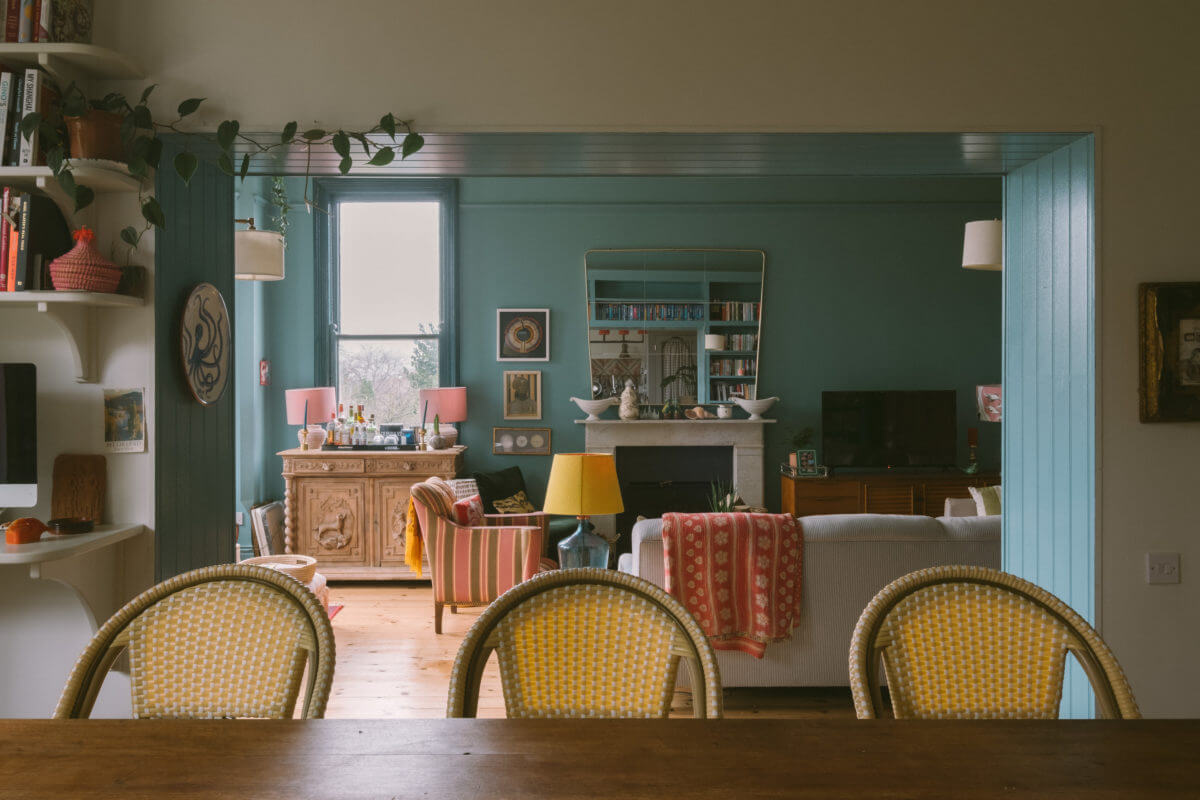 A Colorful Vintage Eclectic Home in England 9 open-plan-kitchen-living-room-nordroom