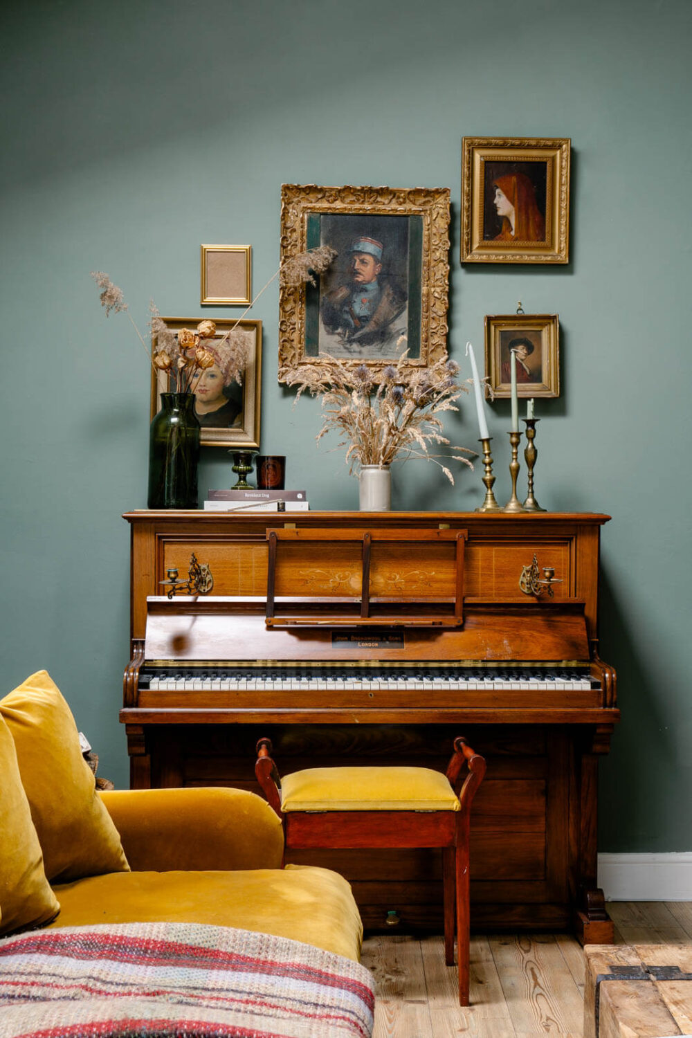 An English Barn Conversion Decorated in Green and Blue 2 piano-vintage-art-green-walls-yellow-sofa-nordroom