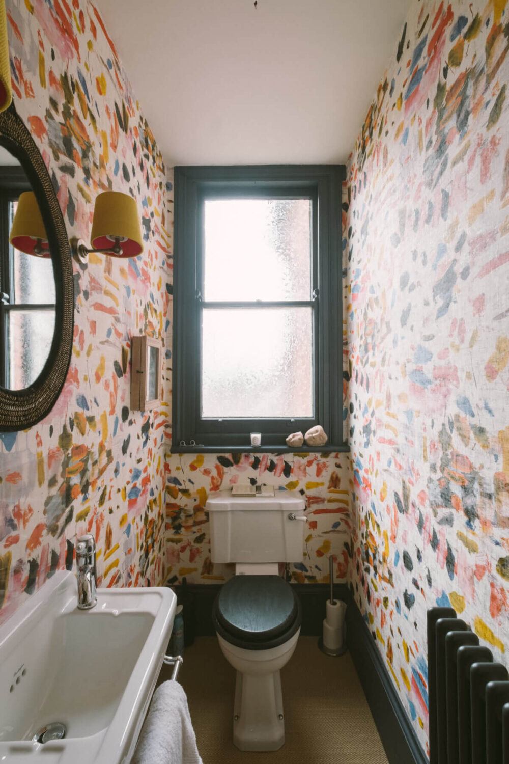 A Colorful Vintage Eclectic Home in England 19 powder-room-colorful-wallpaper-nordroom