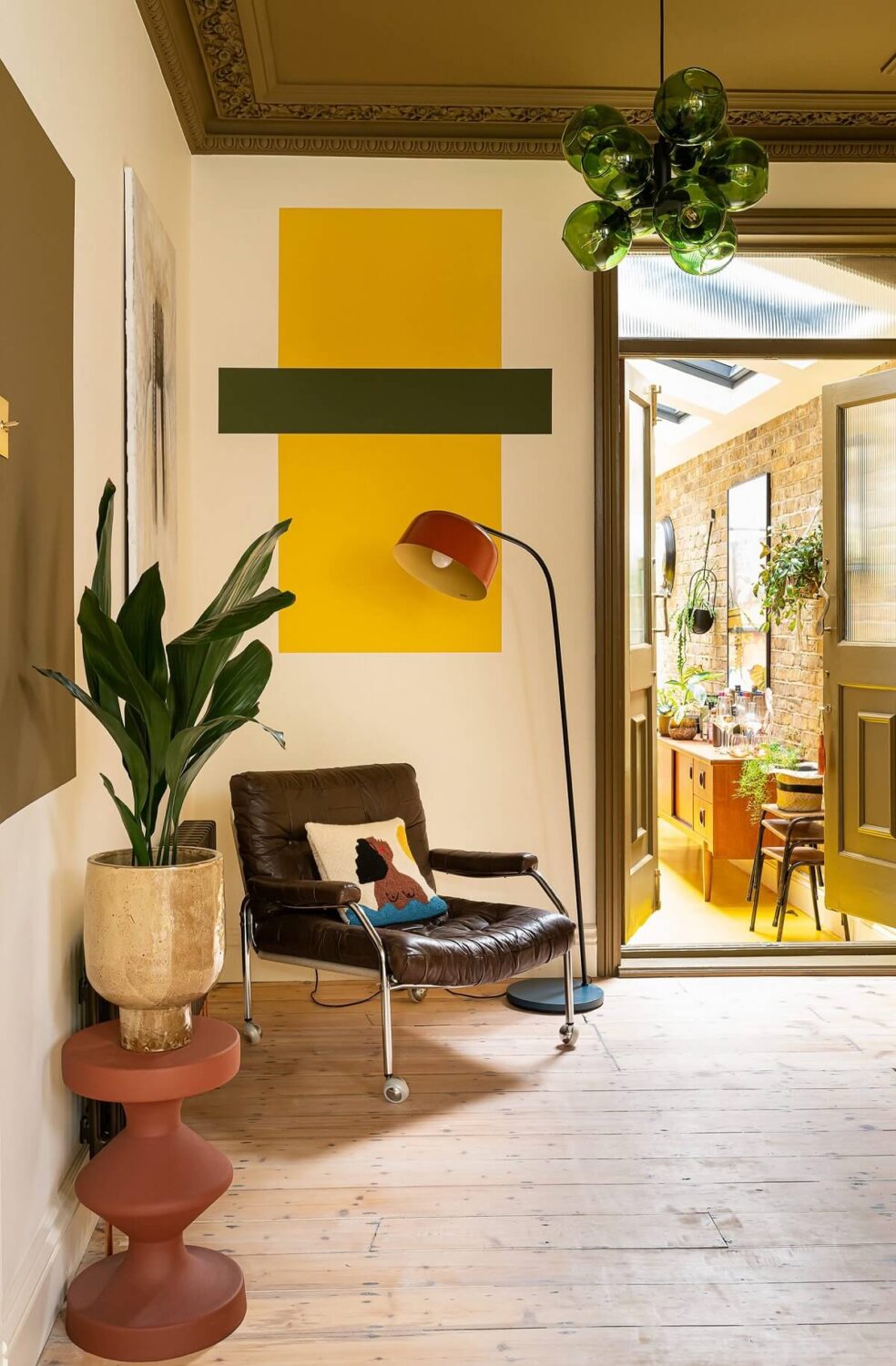 Color Blocked Walls in a Unique Victorian House 6 reading-nook-midcentury-furniture-color-blocked-walls-olive-green-ceiling-nordroom