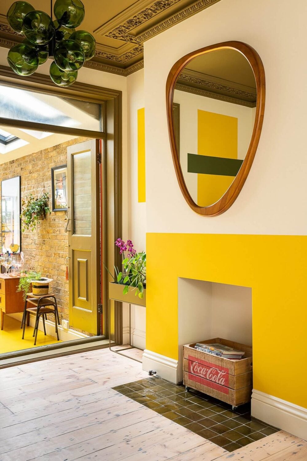 Color Blocked Walls in a Unique Victorian House 9 sitting-room-yellow-fireplace-mirror-olive-green-ceiling-nordroom