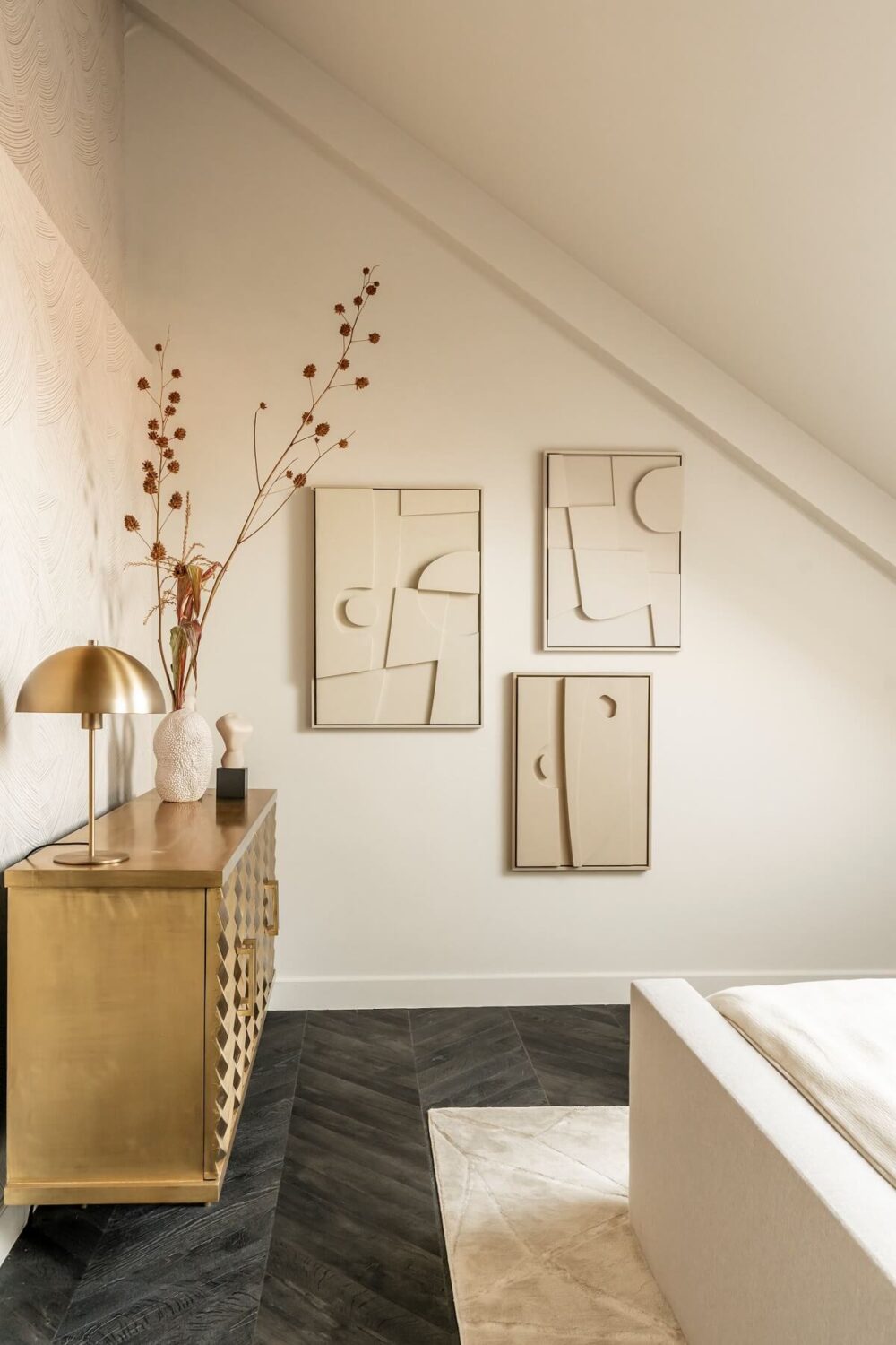 A Stylish Monochrome Penthouse in a Former Prison Building 21 white-bedroom-slanted-ceiling-black-chevron-floor-nordroom