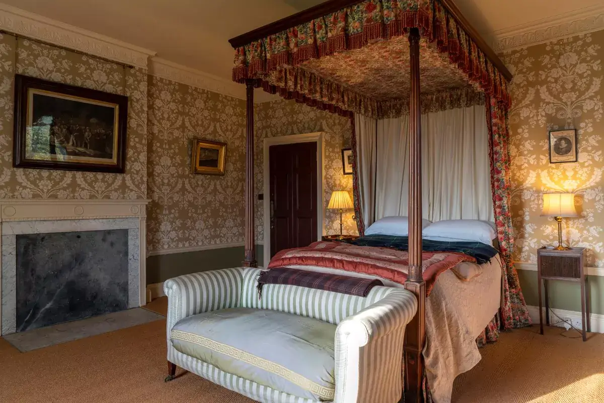 A Historic Greek Revival Country House in Scotland is For Sale 11 antique-bedroom-canopy-bed-firelace-wallpaper-greek-revival-country-house-nordroom