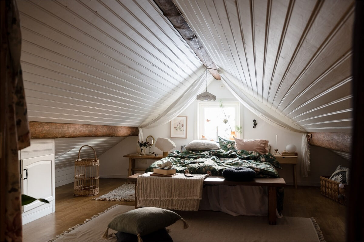 A Charming Countryside Villa in Sweden 19 attic-bedroom-slanted-ceiling-nordroom
