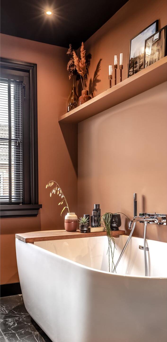 Gray and Earth Tones in a Restored Weavers House in The Netherlands 18 bathroom-freestanding-bath-earthy-wall-color-dark-gray-ceiling-nordroom