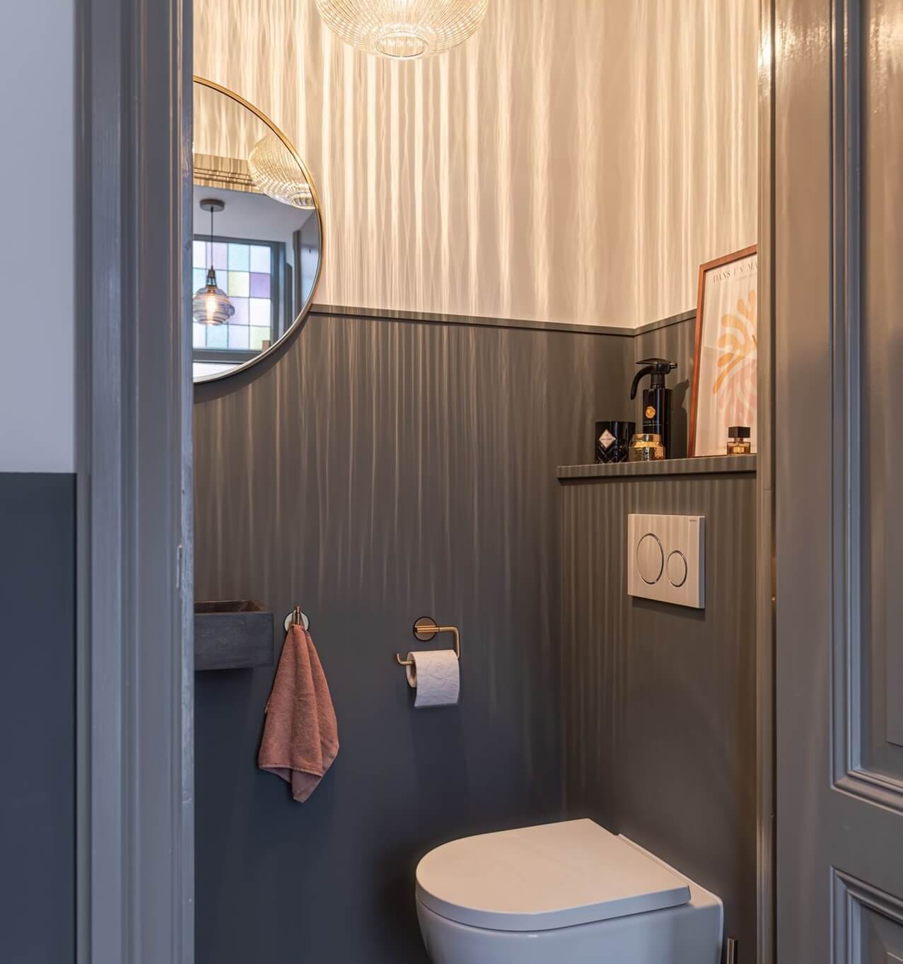 Gray and Earth Tones in a Restored Weavers House in The Netherlands 24 bathroom-gray-walls-round-mirror-nordroom