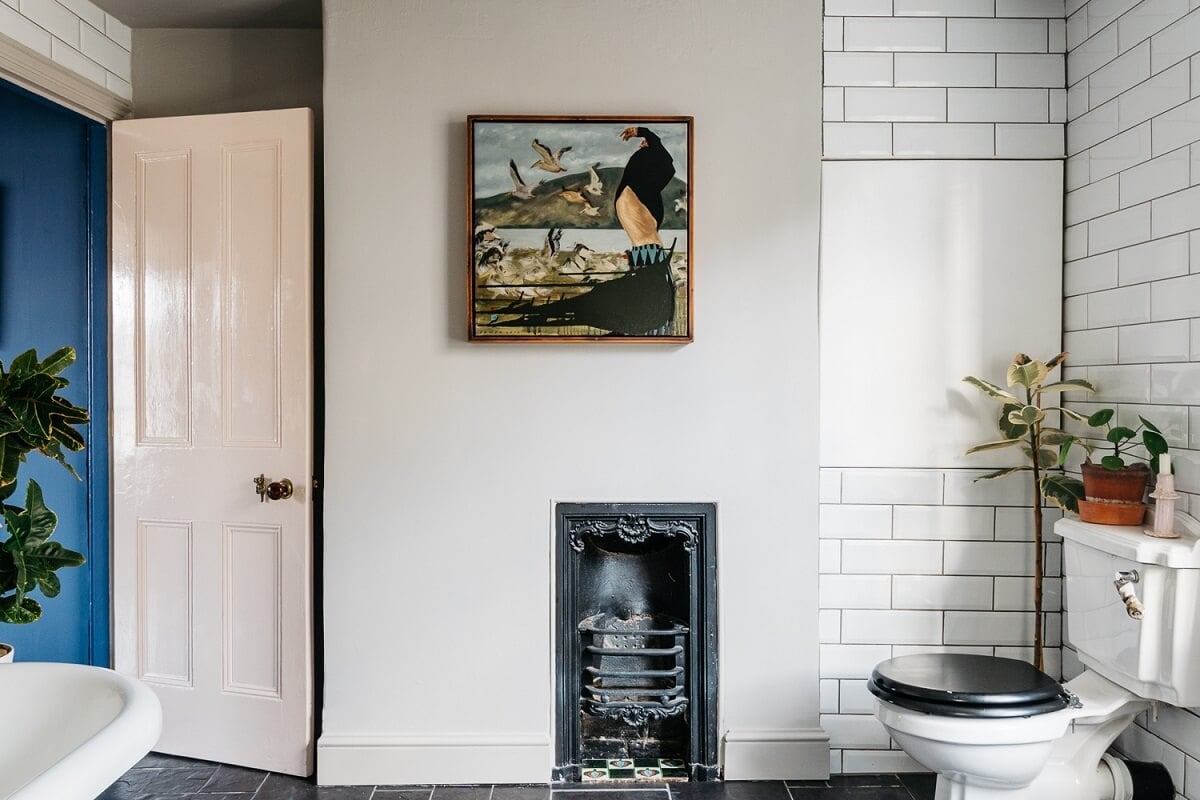 Colorful Rooms in a Historic English Home 17 bathroom-white-subway-tiles-fireplace-nordroom