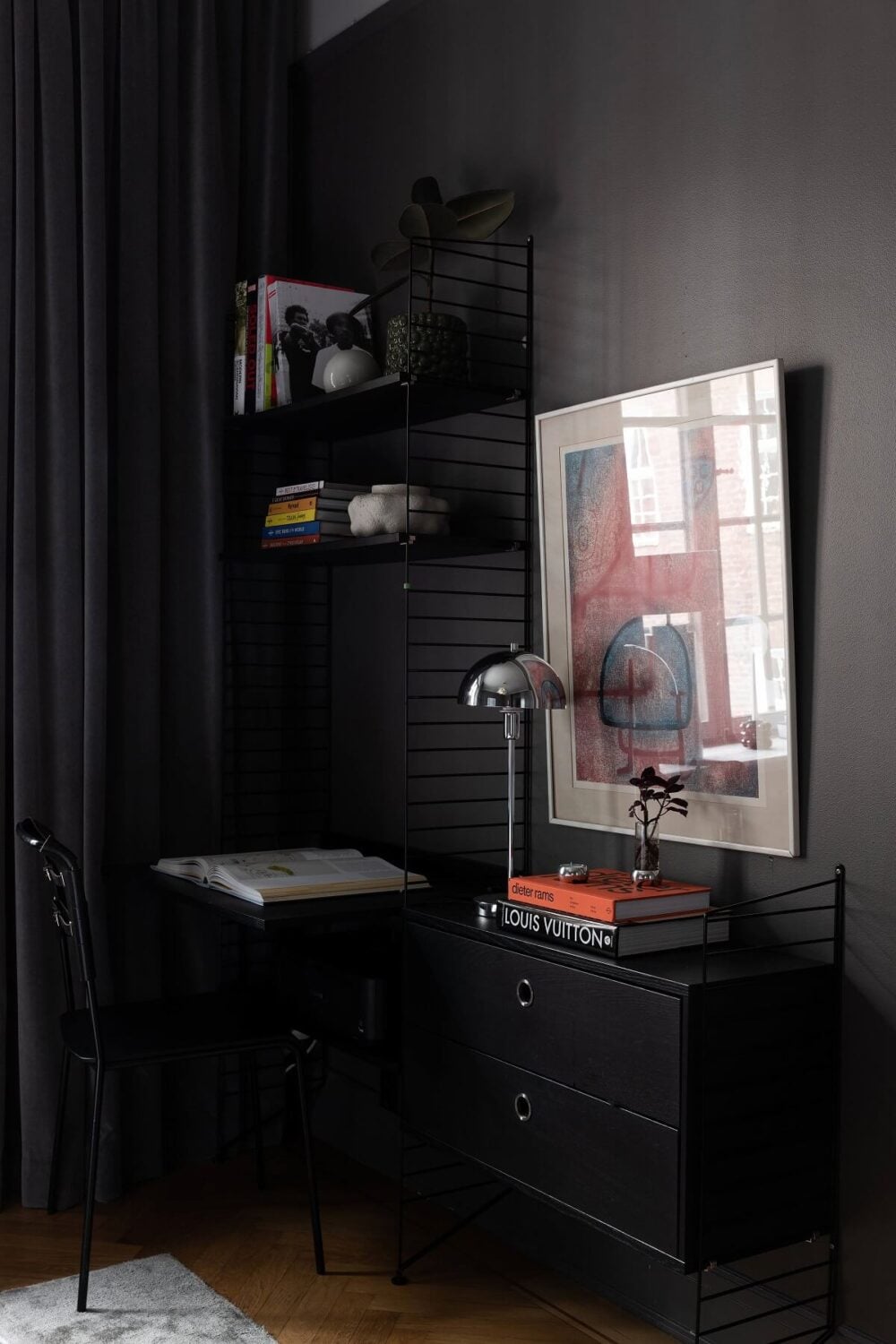 A Stylish Gray Apartment in Stockholm 15 bedroom-home-office-black-string-shelves-nordroom