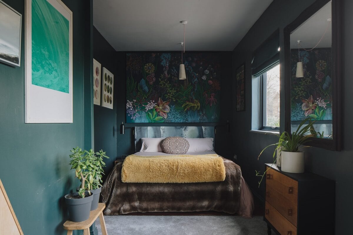 A London Home with Moody Rooms and a Pink Kitchen 12 bedroom-moody-green-walls-nordroom