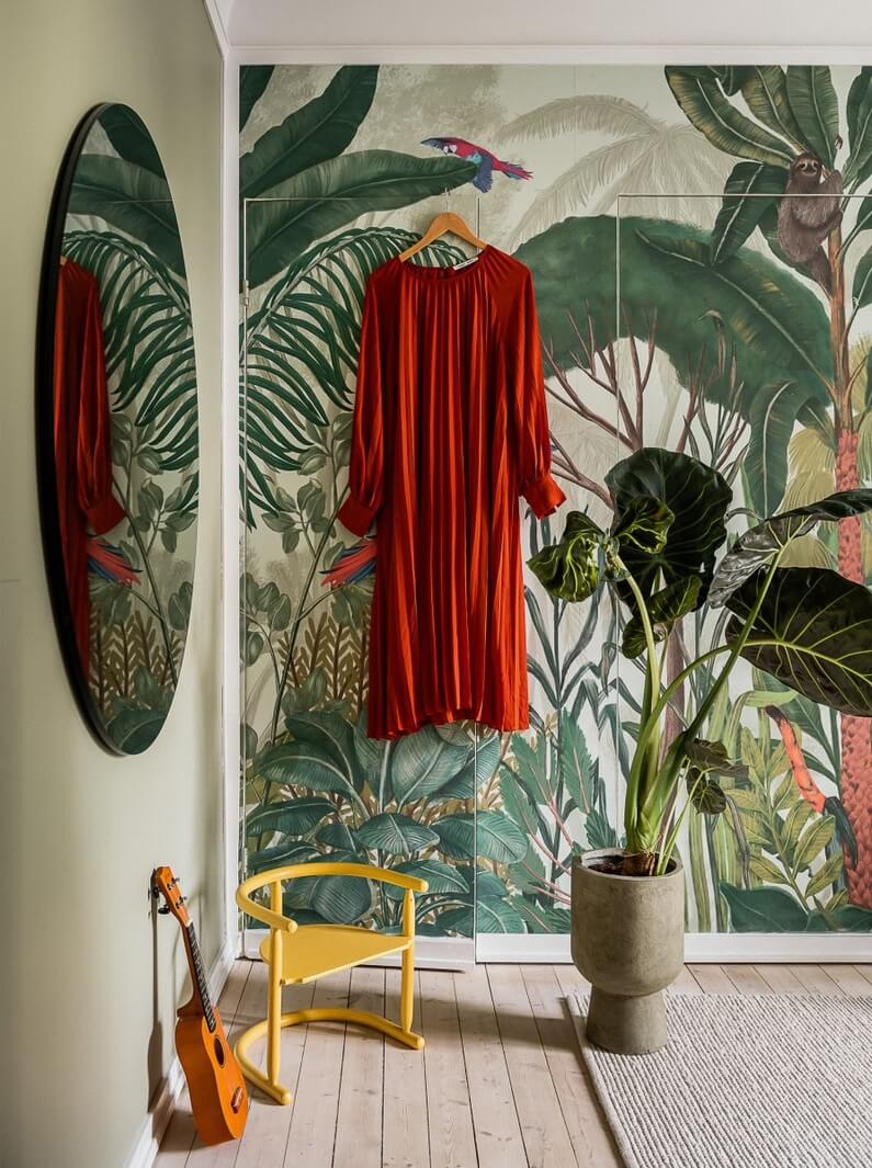 An Oslo Apartment with Custom Made Storage Solutions 13 bedroom nora brech leaf wallpaper nordroom An Oslo Apartment with Custom Made Storage Solutions