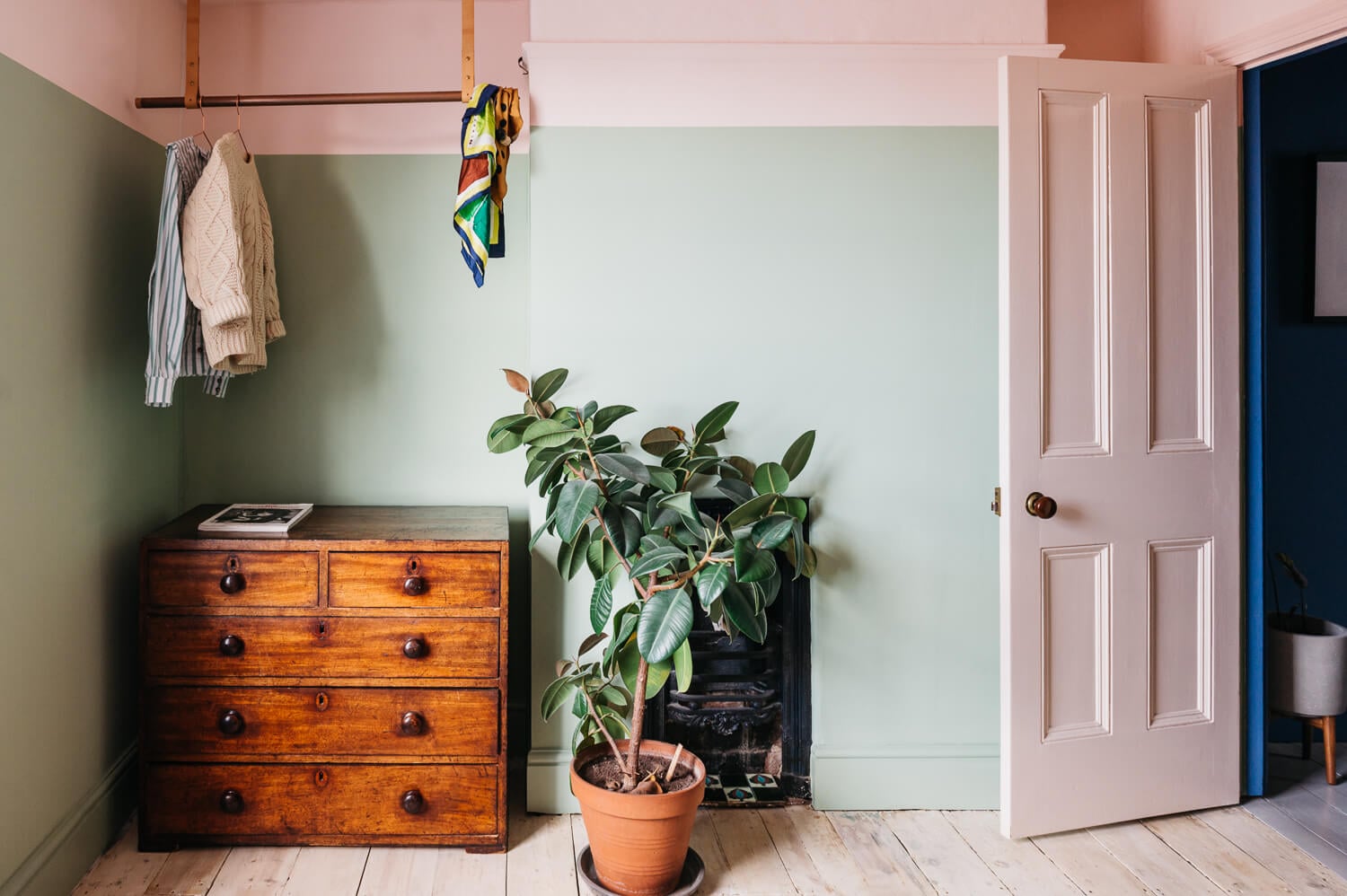 Colorful Rooms in a Historic English Home 14 bedroom-two-toned-walls-pink-yellow-vintage-dresser-nordroom