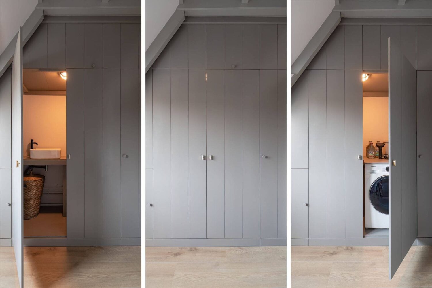 Gray and Earth Tones in a Restored Weavers House in The Netherlands 25 built-in-closet-washroom-nordroom