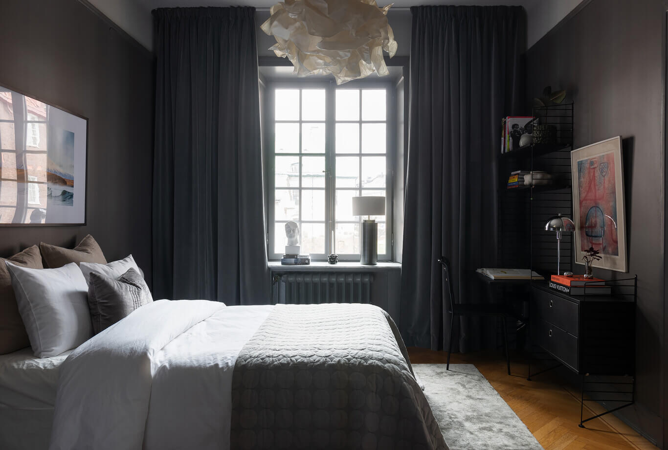 A Stylish Gray Apartment in Stockholm 13 dark-gray-bedroom-home-office-nordroom