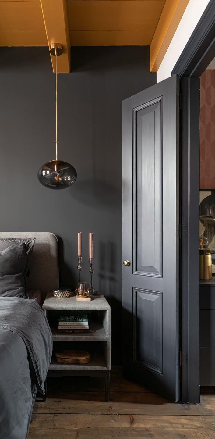 Gray and Earth Tones in a Restored Weavers House in The Netherlands 12 dark-gray-bedroom-ochre-yellow-ceiling-nordroom