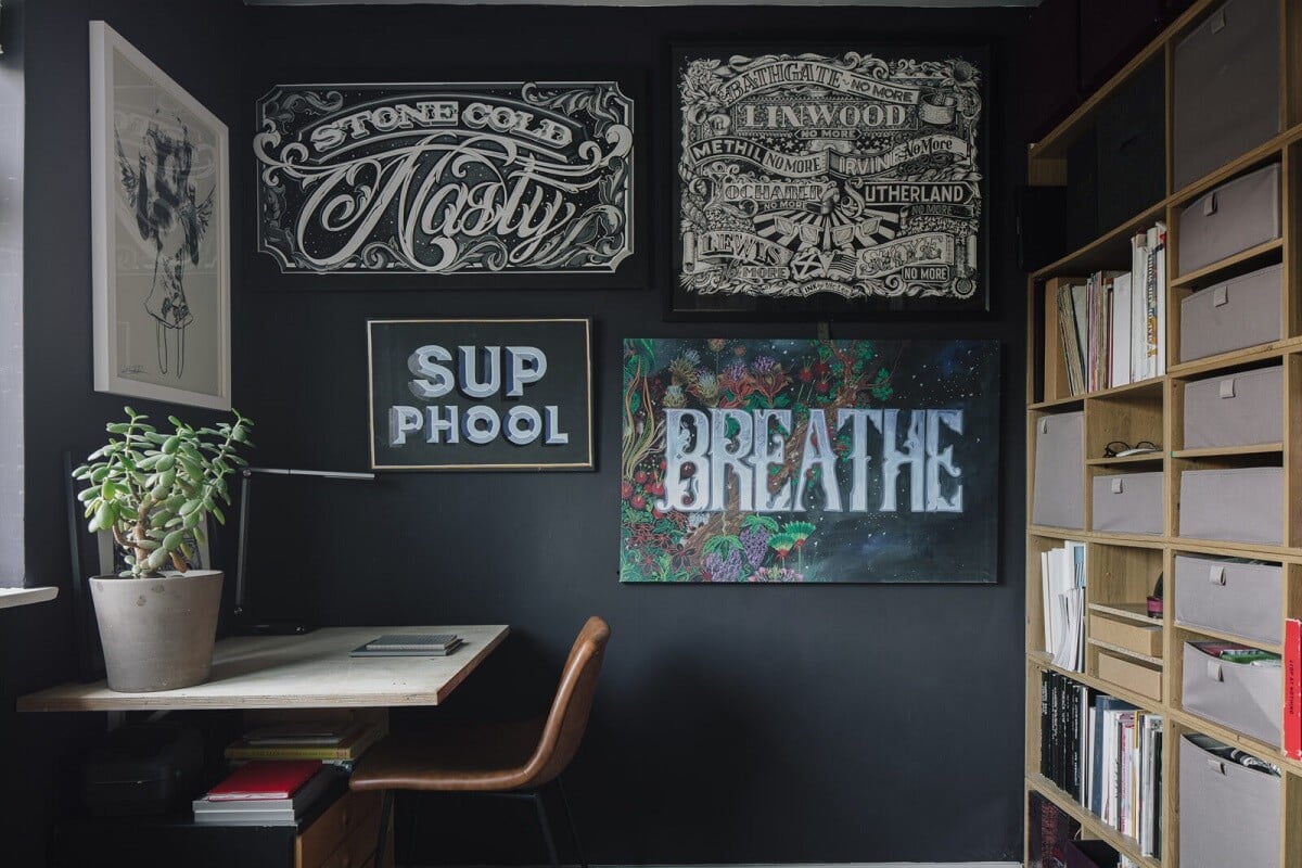 A London Home with Moody Rooms and a Pink Kitchen 16 home-office-black-walls-nordroom