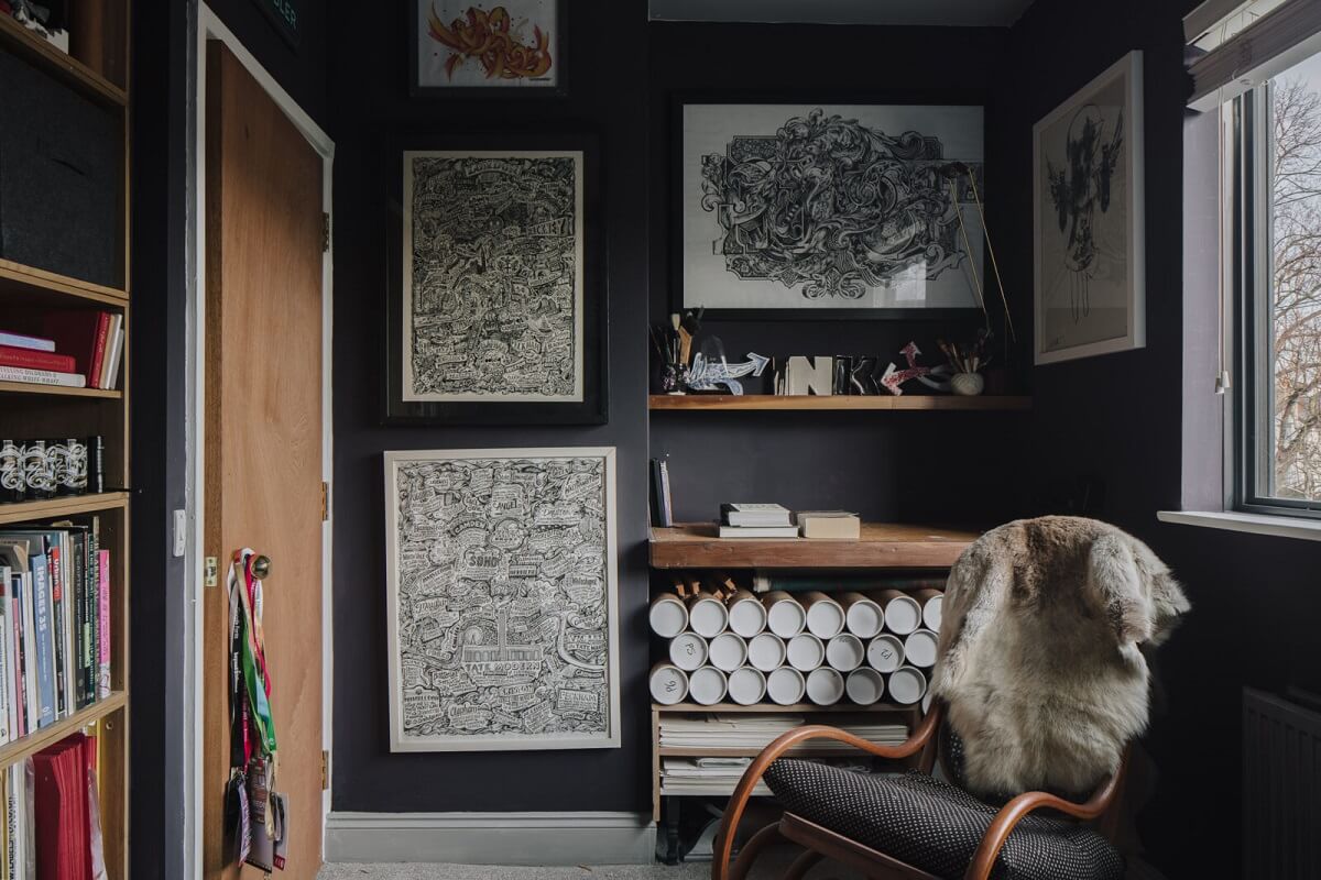 A London Home with Moody Rooms and a Pink Kitchen 17 home-office-craft-room-black-walls-nordroom