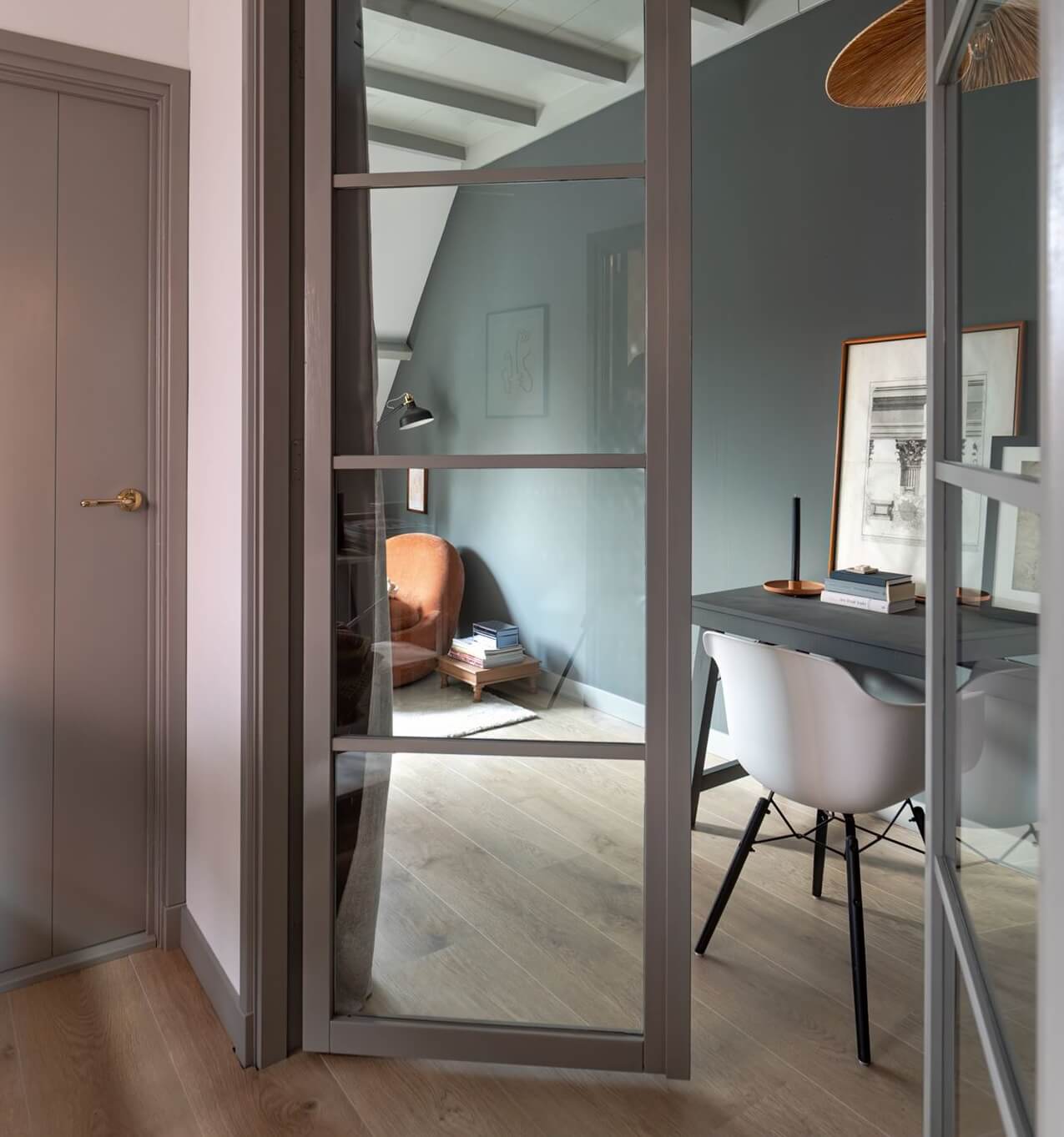 Gray and Earth Tones in a Restored Weavers House in The Netherlands 21 home-office-glass-doors-gray-walls-nordroom