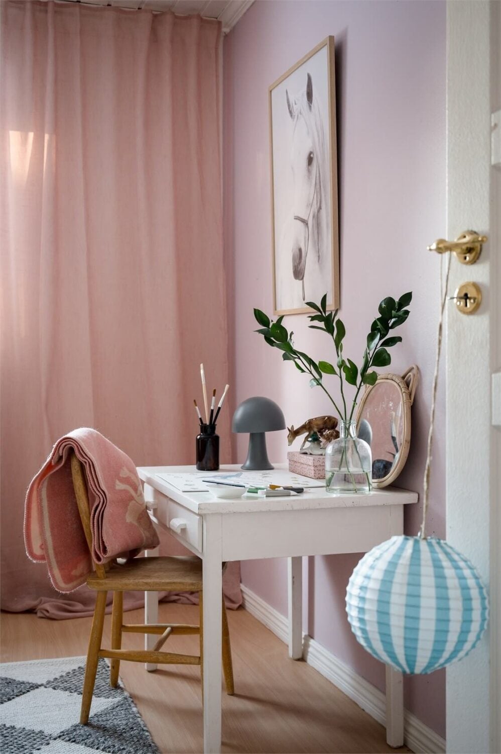 A Charming Countryside Villa in Sweden 13 kids-bedroom-desk-light-pink-curtains-nordroom