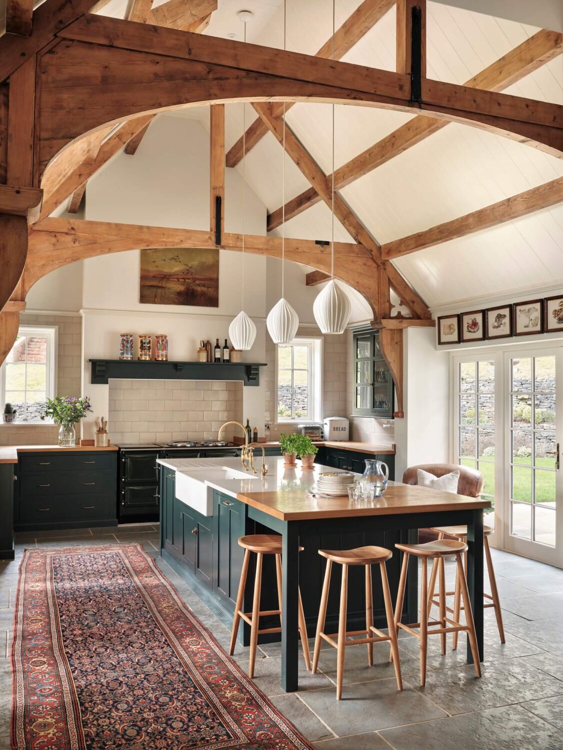 A Grand Family Kitchen in an English Country House 1 kitchen-island-devol-kitchen-exposed-wooden-beams-kilim-runner-family-room-nordroom