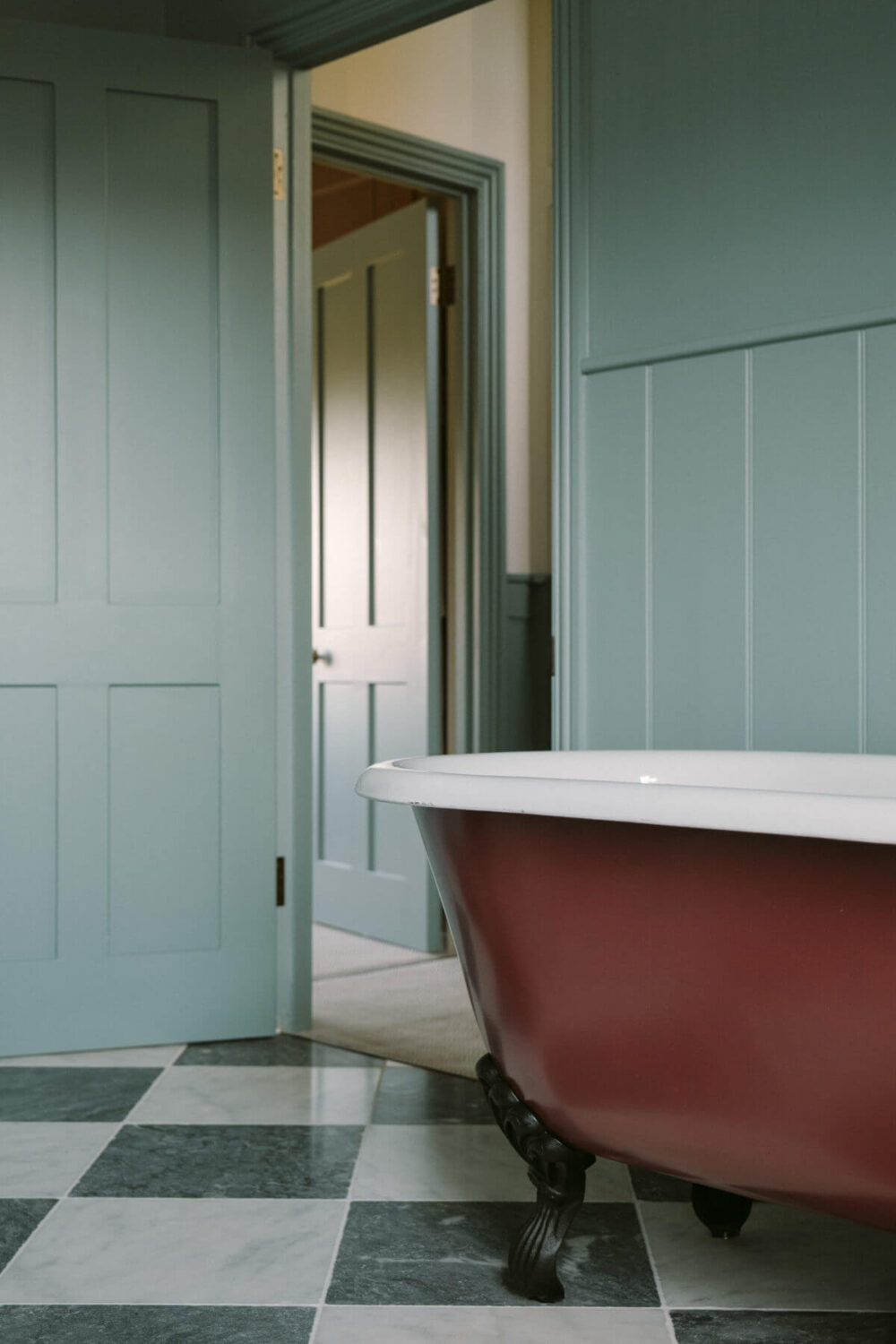 Best of 2023: Bathrooms 25 light-blue-gray-bathroom-pink-clawfoot-bath-checkerboard-floor-nordroom