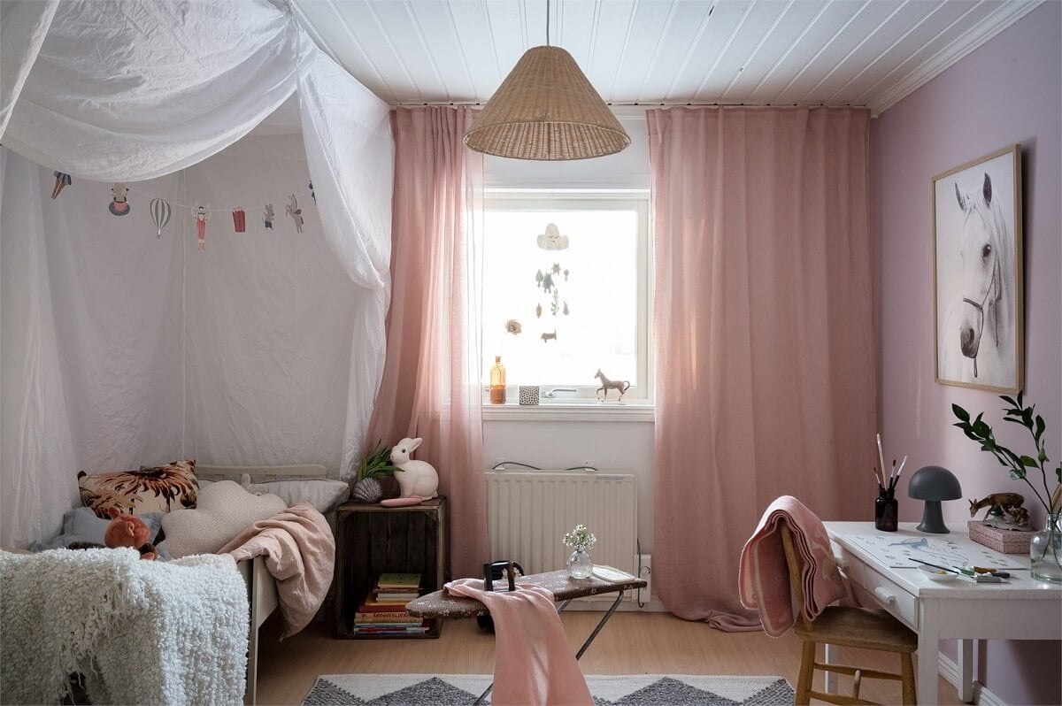 A Charming Countryside Villa in Sweden 12 light-kids-bedroom-pink-curtains-nordroom