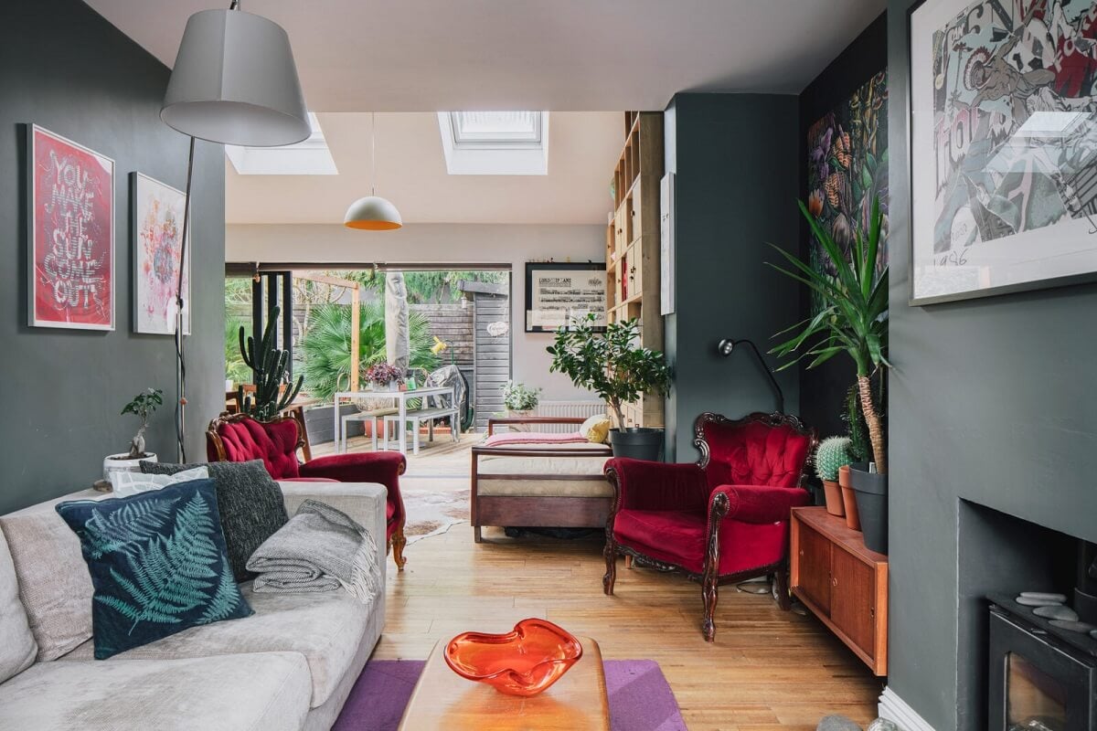 A London Home with Moody Rooms and a Pink Kitchen 4 living-room-moody-wall-color-woodburner-nordroom