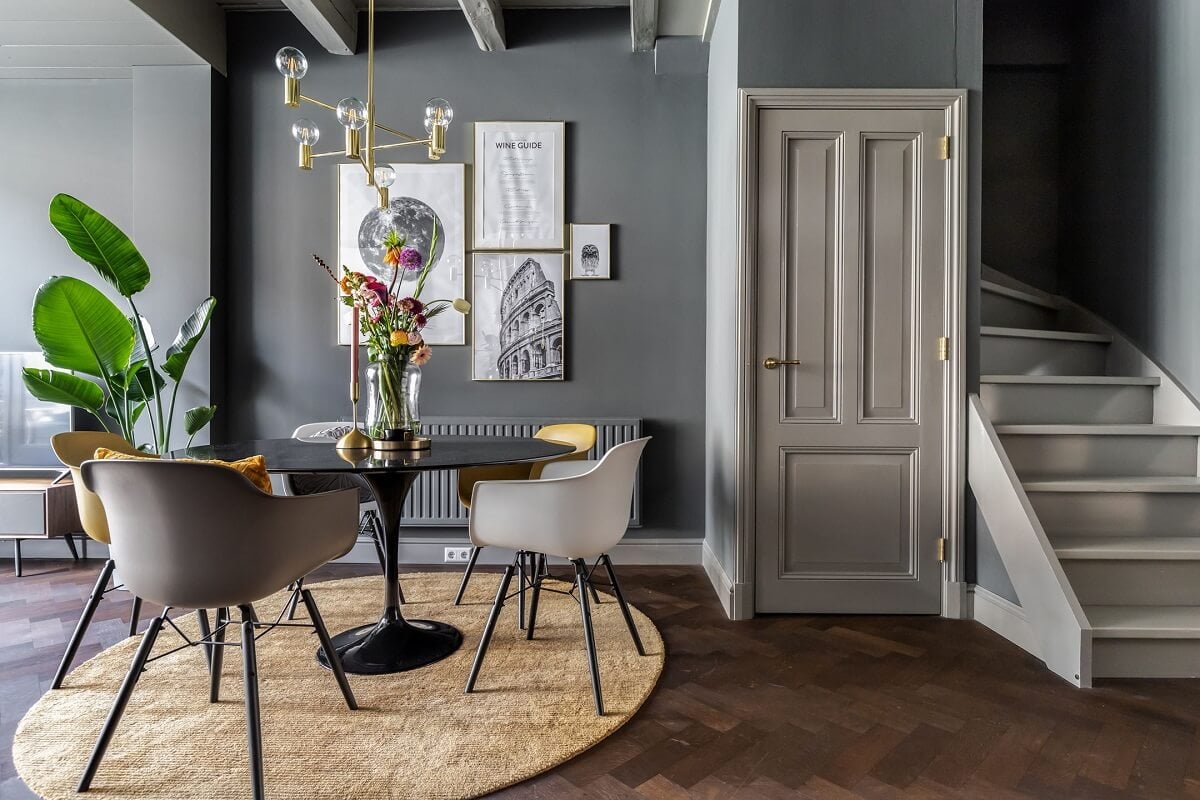 Gray and Earth Tones in a Restored Weavers House in The Netherlands 3 living-room-round-dining-table-gray-walls-nordroom