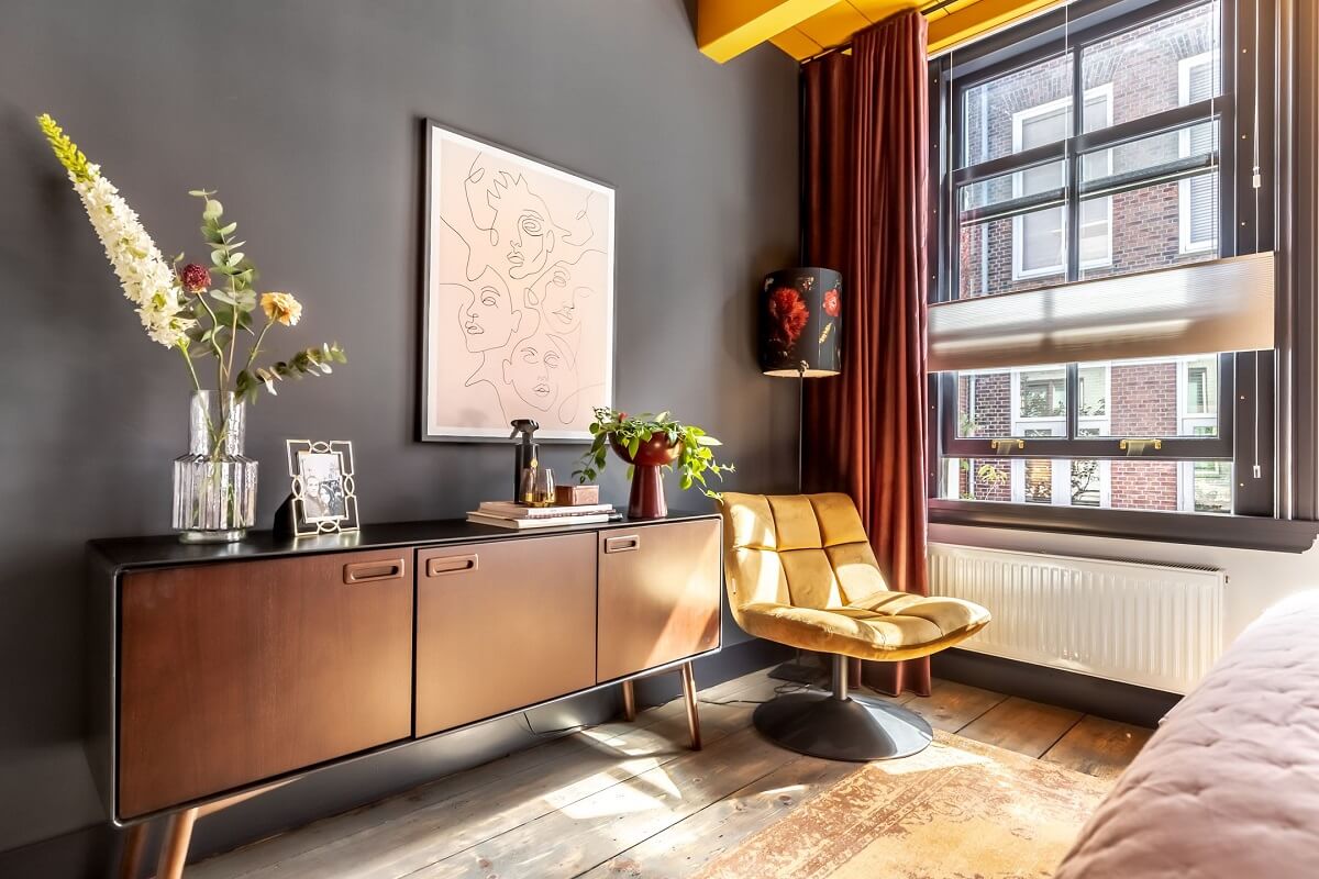 Gray and Earth Tones in a Restored Weavers House in The Netherlands 9 master-bedroom-gray-walls-yellow-ceiling-nordroom