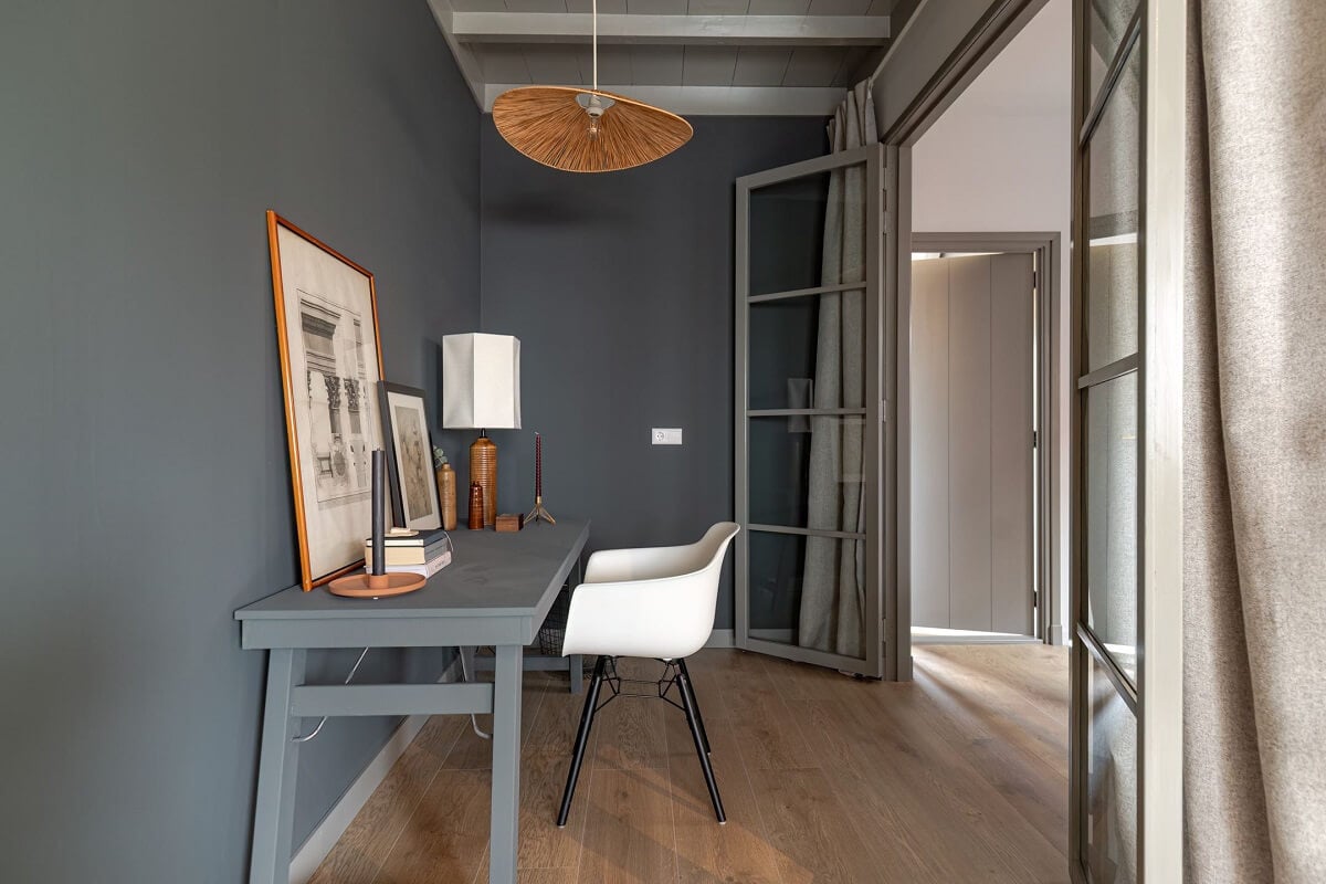 Gray and Earth Tones in a Restored Weavers House in The Netherlands 22 modern-home-office-gray-walls-glass-doors-nordroom